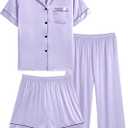 SWOMOG Kids Silk Pajamas 3 Piece Girls Boys Satin Pajamas Set Button-Down PJs Set Soft Loungewear Short Sleeve Sleepwear (14-15 Years, Lavender)