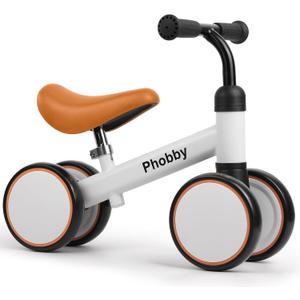 Phobby Baby Balance Bike for 1 2 Years Old Boys Girls, 4 Wheels Toddler Bike with Adjustable Seat, 12-24 Months Kids First Birthday Toy Gift (White&Brown)