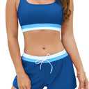 Cromi Women Two Piece Athletic Swimsuits, High Waisted Bikini Set Sporty Crop Top with Boy Shorts Bathing Suits for Teen L