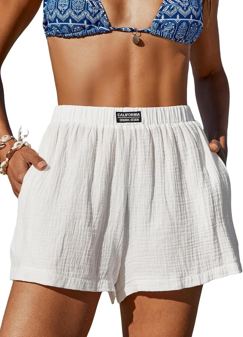 CUPSHE Women's Casual Shorts Cotton High Rise Beach Cover Ups Summer Shorts with Pockets (Large, White)