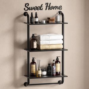 Bathroom Shelves Wall Mounted, Rustic Farmhouse Pipe Shelves, Walls Shelf 3-Tier, Industrial Pipe Shelving, Floating Shelf Wall Decor for Bathroom, Kitchen, Bedroom, Living Room 17.3in Black