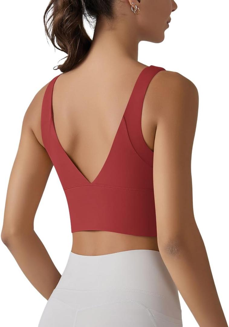 ABOCIW Longline Sports Bra for Women V Back Wireless Padded Medium Support Yoga Bra Workout Crop Tank Tops (Wine Red, M)