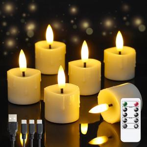 Rechargeable Flameless 1.6" x2.5" Tea Light Candles with Remote & Type-C Charging Cable, Timer LED Flickering Ivory Plastic 6pcs Mini Dripping Wax Votive Tealight