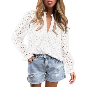 BTFBM Women Hollow Out Fall Tops 2025 Lace Eyelet Buttons V Neck Long Sleeve Embroidery Boho Dressy Casual Blouse Shirts (XX-Large, White)