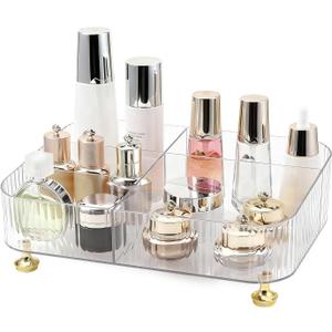 DASITON Makeup Organizer Countertop for Vanity, 5 Slots Makeup Brush Holder Organizer, Vintage Makeup Perfume Tray Cosmetic and Skincare Organizers for Bedroom Bathroom Counter, Desk Storage (Clear)