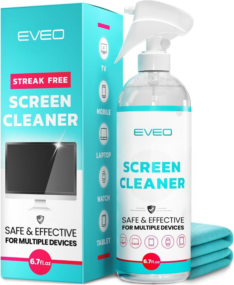 EVEO TV Screen Cleaner Spray (Streak-Free) TV Screen Cleaner for Smart TV, LCD, LED, OLED | Computer Screen Cleaner Spray and Wipe Microfiber Cloth for TV, Monitor, Laptop, iPad, Car, Tesla & More