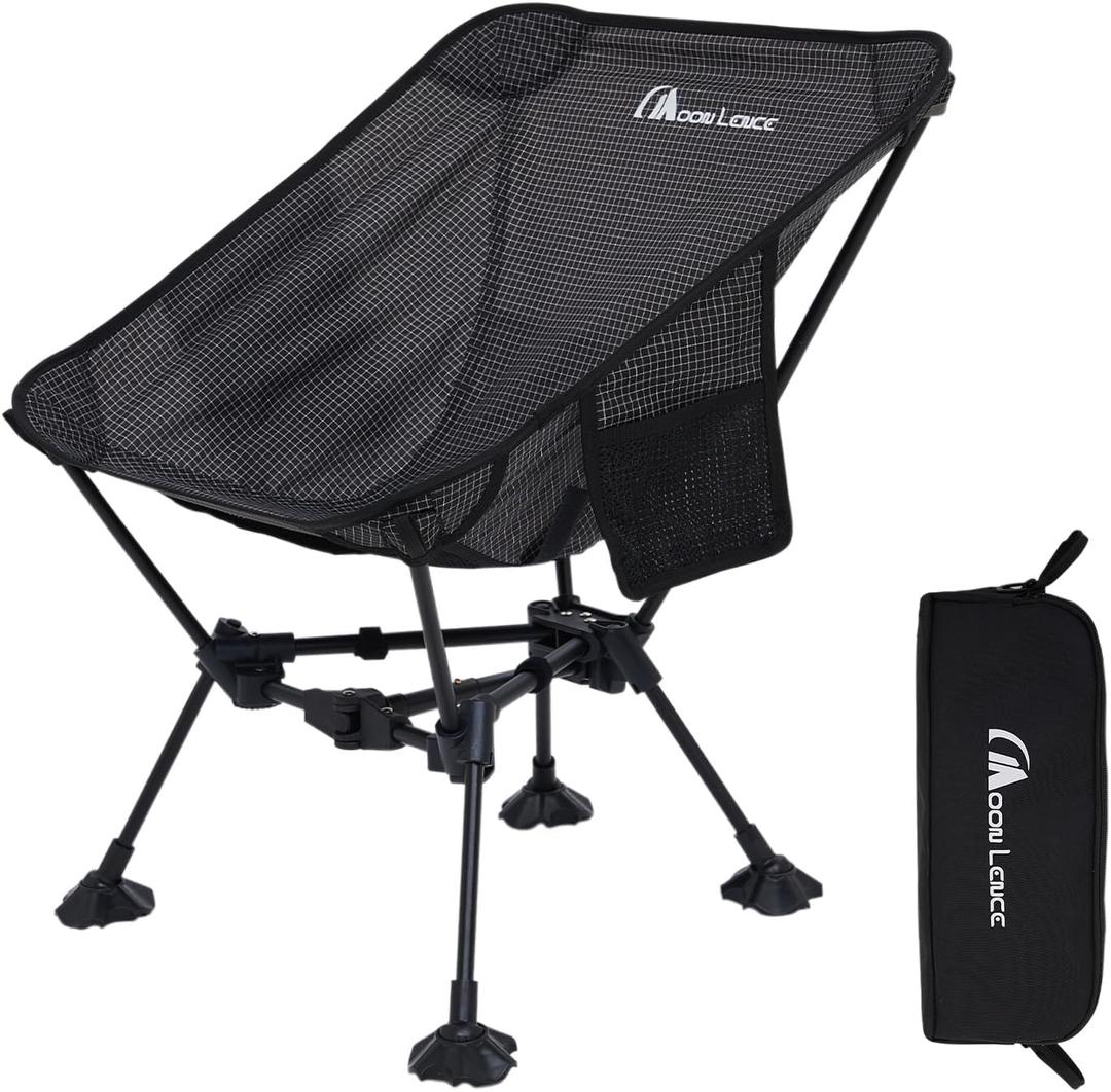 MOON LENCE Portable Camping Chair Backpacking Chair - The 4th Generation Ultralight Folding Chair - Compact, Lightweight Foldable Chairs for Hiking Mountaineering, Beach (Black (Lite-terragrid) - With Feet Pad)