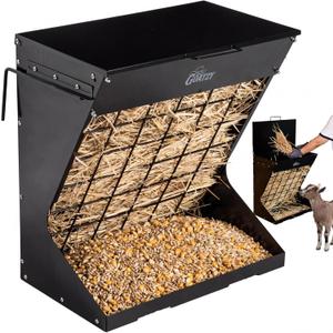 Wall Mount Hay Feeder for goats, Covered Hay Feeder for horses with Roof, 2in1 25 gallon hay rack & Grain, Hanging hook on fence mount, Galvanized Steel goat hay Feeder for Sheep Cattle - Black