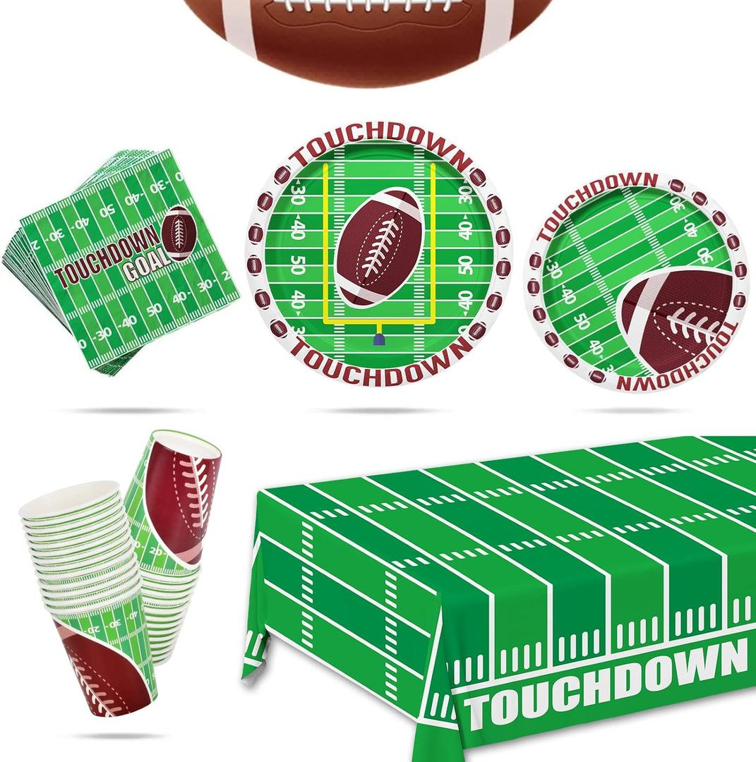 Football Party Supplies Kit - Serve 25, Includes Dinner & Dessert Plates, Napkins, Cups, Tablecloth - Perfect for Football Birthday & Gameday Tailgate Parties
