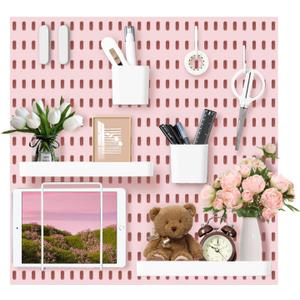 VUSIGN Pegboard Combination Wall Organizer Kit, 4 Pieces Pegboards and 17 Accessories Modular Hanging, Wall Mount Display Peg Board Panel Kits for Bedroom, Home, Office, Bathroom, 22" x 22", Pink