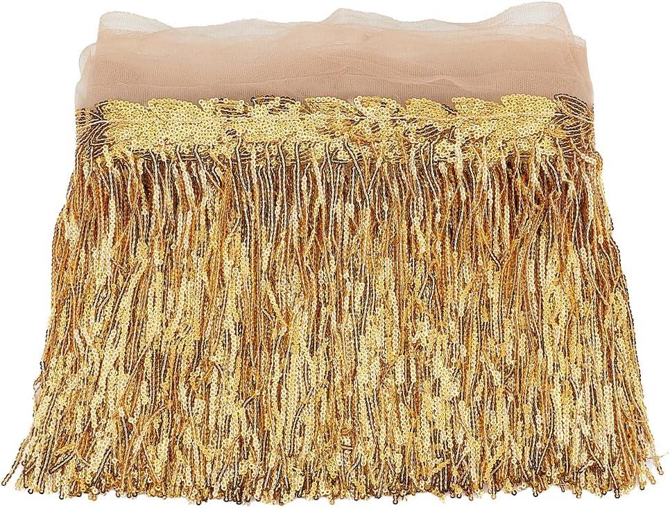 MAYJOYDIY 10Yards Gold Sequin Sewing Fringe Trim 13inch Wide Sparkling Sequins Lace Tassel Fringe Trim with Leaf Shape Embellishment for Latin Dance Stage Costume Dress Sewing Crafts Party Decors