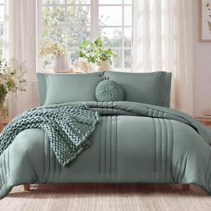 Monbix Queen Comforter Set - 7 Pieces Sage Green Bed in a Bag Queen Bedding Sets with Comforters, All Seasons Comforter Bed Set with Sheets, Pillowcases & Shams (Queen(90"X90"))