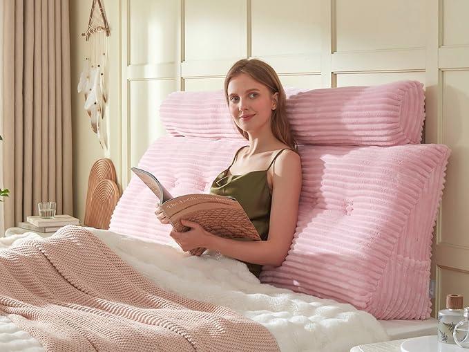 Headboard Wedge Pillow + A Long Neck Roll Pillow Body Pillow，Large Headboard Pillow with Removable Cover (Pink, King：76x8x20 inches)