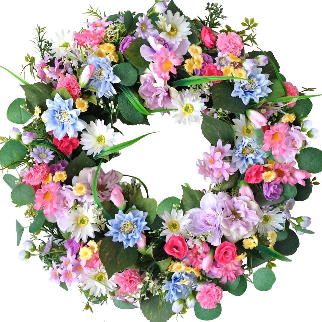 Bibelot 22" Spring/Summer Wreaths for Front Door, Artificial Floral Wreath with Daisies Carnations Wildflowers Eucalyptus Hello Spring Sign for Wall Window Farmhouse Party Holiday Home Dcor
