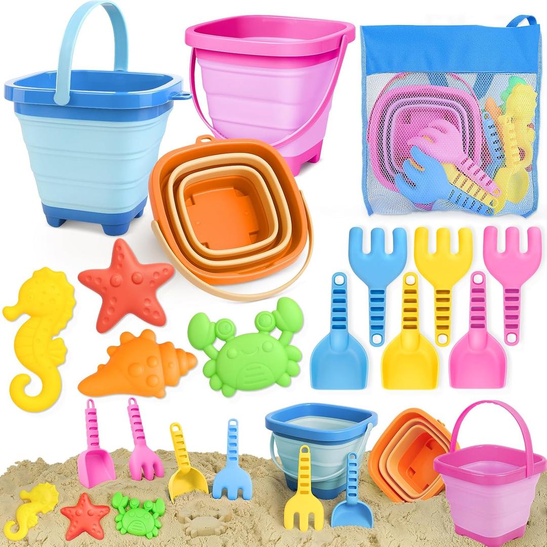 Dreamon Beach Toys for Kids 3-10, Collapsible Sand Castle Toys for Beach Include 3 Pack Foldable Buckets, Shovels Molds and Storage Mesh Bag, Sandbox Travel Toy for Toddlers Kids, Medium, Small