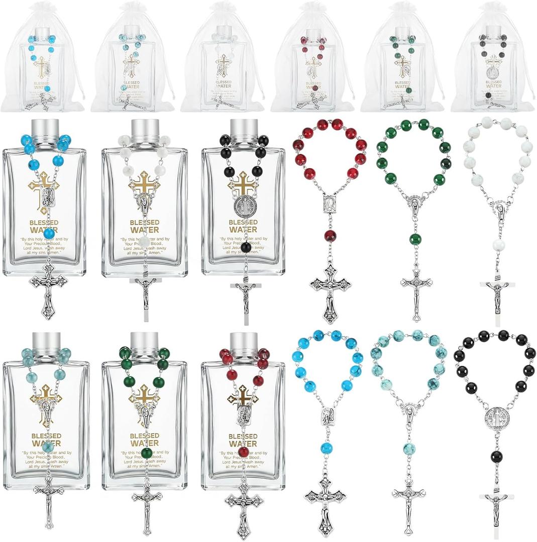 Reallnaive 6 Set Holy Water Bottles Gift Set Baptism Favor for Guest Christian Catholic Glass Water Bottles Cross Rosary Bracelets Organza Bag for Church First Communion Gift