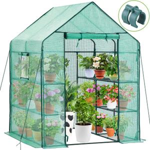 Ohuhu Greenhouse for Outdoors with Screen Windows, 57 x 57 x 76'' Walk in Plant Greenhouses Heavy Duty with Durable PE Cover, 3 Tiers 12 Shelves Stands Plastic Portable Green House with Shelf Clips