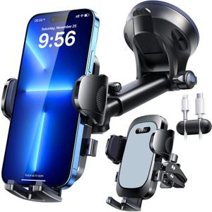 YRU True Military-Grade [360 Rotation Suction] 2026 Ultimate Car Phone Holder Mount 90+LBS Safest Strongest & Patent Certs Dashboard Windshield Vent for iPhone 17 16 Pro Max Samsung