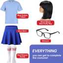 Crowye 6 Pcs Halloween Costume Nerd Glasses for Women Black Bob Wigs Blue Short Sleeve Shirts Skater Skirts Striped Socks (Blue, M)