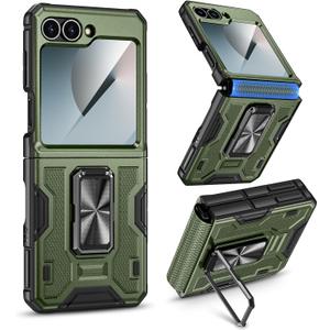 VEGO for Samsung Flip 6 Case with Hinge Protection, Built-in Screen Protector & 360 Magnetic Ring Stand Protective Phone Cover Drop Proof for Samsung Galaxy Z Flip 6 5G - Green