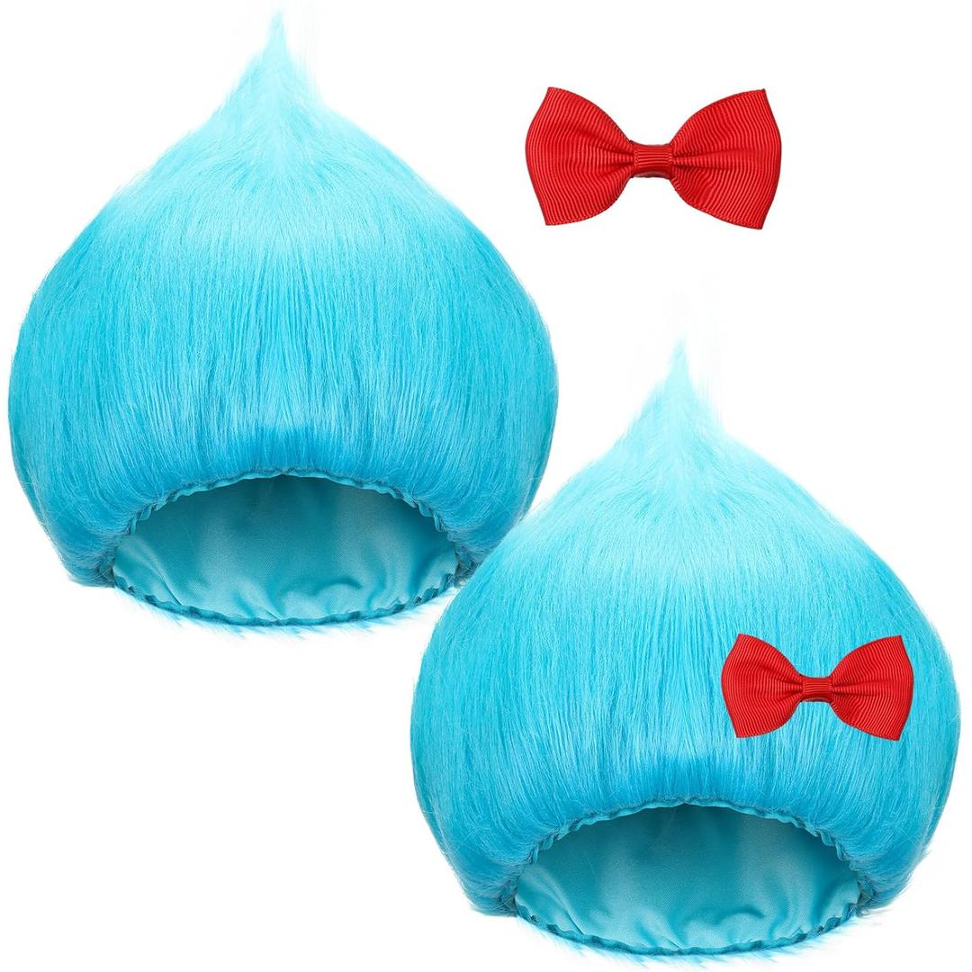 Geyoga 2 Set Blue Thing Cosplay Kit with Blue Wig Red Bow Blue Thing Wig Blue Afro Wig for 100th Day Of School Costume Party