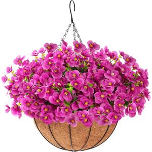 Artificial Hanging Flowers for Outdoors Summer Decoration, 12 Hanging Basket with Faux UV Resistant Silk Flowers, Realistic Fake Hanging Eucalyptus Plants for Porch Home Patio Balcony Yard (Fuchsia)