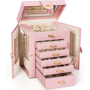 AKOZLIN Large Jewelry Box Organizer Functional with Big Mirror, Leather Jewelry Storage Case for Women Girls Ring Necklace Earring Bracelet Holder Organizer (Regular, Light Pink)