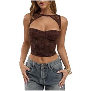 WDIRARA Women's Cut Out Lace Crop Bustier Corset Tank Top Sexy Going Out Party Club Tops, S