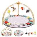 Baby Play Mat Activity Gym,6 Developmental Zones Tummy Time Mat, Wooden Baby Play Gym with 7 Detachable Sensory Toys for Newborn Brain Development, Essential Baby Shower Set, Pink