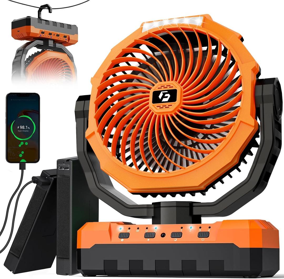 3-in-1 Camping Fan - 36000mAh Detachable Portable Fan Rechargeable with Light & Hook, Battery Powered Fans for Outdoor, Indoor, Tent, Fishing, Travel, Hurricane, Summer Gifts for Men - Orange
