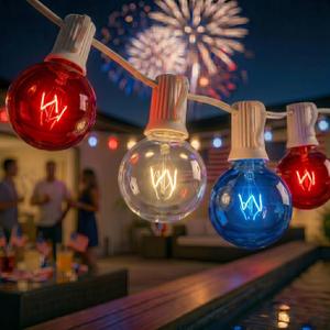 4th of July Decorations String Lights, 25Ft Outdoor Patio String Lights with 27 G40 Red White and Blue Bulbs(2 Spare), Independence Day Red White Blue Lights for Patriotic Party Garden Festival Decor