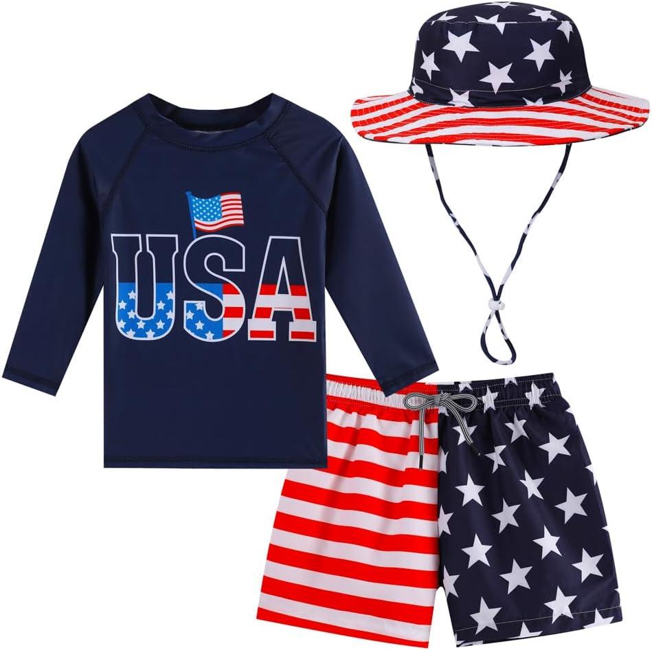 Baby Boys Swimsuit, 3-Piece Toddlers Swimsuit Trunk Long Sleeve Rashguard Swimwear and Sun Hat Set (Blue)