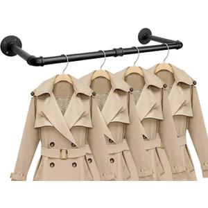 Industrial Iron Pipe Clothes Hanging Bar DIY Wall-Mounted Garment Rack Heavy Duty Clothing Rack for Bedroom, Laundry Room, Closet Storage (Black 24 inch)