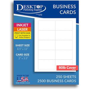 Bulk Size Heavyweight White Blank Business Card Paper - 250 Sheets / 2500 Business Cards - 80lb Cover (218 gsm) - Inkjet & Laser Printer Compatible - Standard 3.5 x 2 Inches