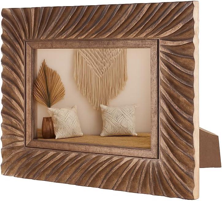 Hand Carved Mango Wood 5x7 Picture Frame with Real Glass  Brown Ridged Pattern Vintage Wood Frame for Tabletop or Wall Mount Use  Rustic Home Decor for Home & Memories