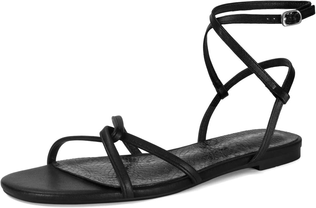 SOVANYOU Strappy Sandals for Women Dressy Flat Sandals Open Toe Cute Summer Sandal with Cross Ankle Strap (8.5, Black)