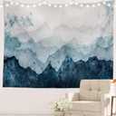 Batmerry Navy Blue Watercolor Mountains Tapestry, Sky Wall Art Hanging Decoration Polyester Fiber White Ruffled Around for Dorm Room Bedroom Living Room, 39.1x59.1 inches