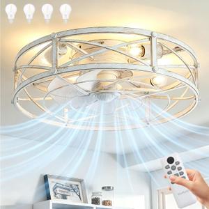 24 Industrial Black Caged Flush Mount Ceiling Fan with 4 Bulb Light, 24 Inch Low Profile Farmhouse Ceiling Fan with Remote, 20 Inch