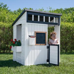 Backyard Discovery Caraway Cottage White Cedar Wooden Kids Playhouse with Play Kitchen, Chalkboard, Mailbox, Half Door, Windows, Flower Box, Modern Farmhouse Design for Outdoor Imaginative Play