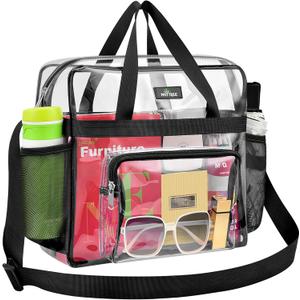 MAY TREE Clear Bag for Stadium Events, 125.512 Clear Tote Lunch Bag with Non-detachable Reinforced Straps for Work, Sporting Events and Gym, Black