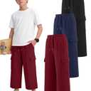 Langyiwee 3 Pack Boys Capri Pants Drawstring Elastic Waisted Teens Cargo Joggers Pull on Casual Sweatpants with Pockets(Wine Red, Navy Blue, Black,9-10 Years)