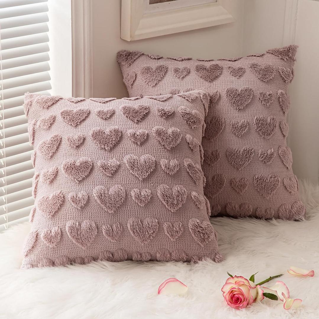 MIULEE Valentines Pillow Covers 16x16 Inch Set of 2 Valentines Day Blush Pink Heart Love Decorative Cute Soft Plush Faux Fur Throw Pillows for Girl Couch Sofa Bedroom Holiday Home Decor
