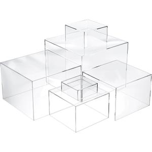 6 Pcs Acrylic Risers for Display Clear Risers Display Stands with Hollow Bottoms 5 Sided Acrylic Cube Boxes Square Nesting Cubes Decorative Stand Shelf for Food Dessert Jewelry Figures Decor 6 Sizes
