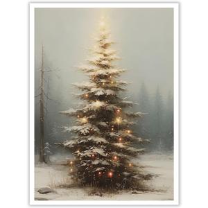 Huabsad Vintage Christmas Tree Wall Art Retro Lighted Winter Pine Botanical Aesthetic Picture Prints Rustic Scene Winter Room Wall Decor Canvas Posters Farmhouse Holiday Decor 16x22in Unframed
