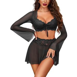 Avidlove Women's Sexy Contrast Lace Mesh Lingerie Set 3pcs Bell-Sleeved Top Lingerie Skirt (XX-Large, Black)