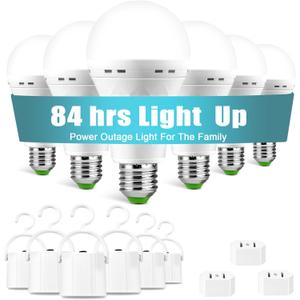 6 Pack Rechargeable Emergency Light Bulbs, Battery Powered LED Light Bulb 6000K Daylight E26 12W 60W Equivalent with 1500mAh for Home Power Outage Camping Hiking(6 Bulbs, 6 Hooks,3 Plug Caps)