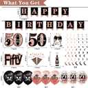50th Birthday Decorations for Women, 33pcs 50th Birthday Crown and Sash, Black Rose Gold Happy 50th Birthday Banner Balloons Backdrop Hanging Swirls Paper Fans, 50 Years Old Birthday Decorations Kit