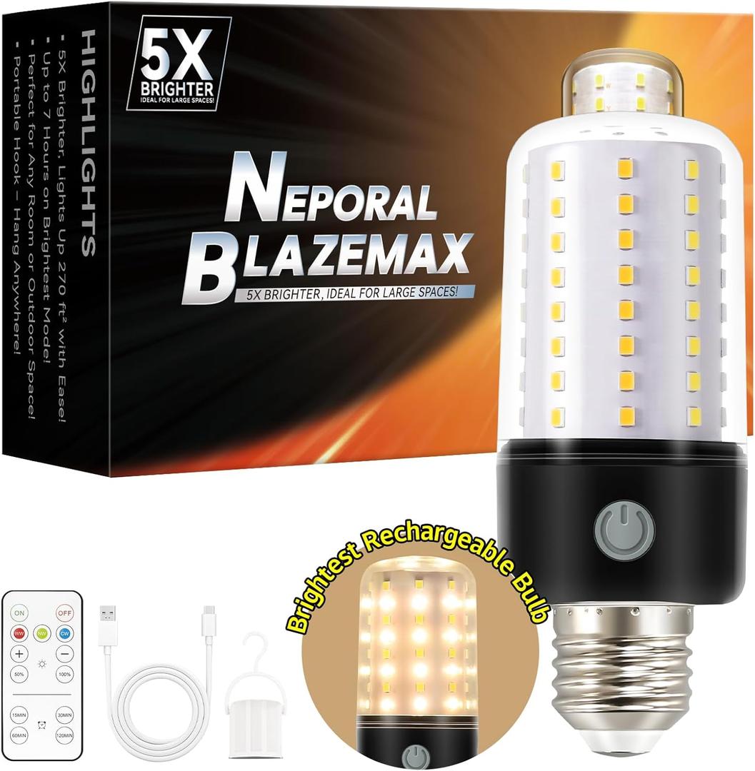 Neporal BlazeMax Rechargeable Light Bulbs with Remote, Wide Dimming Range Bright Battery Operated Light Bulb with Remote for Sconces, Dimmable Bombillos Recargable, 3 Colors, 4 Level Timer, E26 (A19)