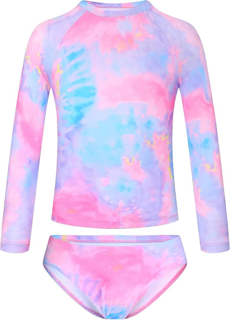 TENVDA Girls Swimsuit Long Sleeve Rash Guard Sets UPF 50+ Two Piece Bathing Suits Size 3-12 Years (6-7 Years, Tie Dye B)