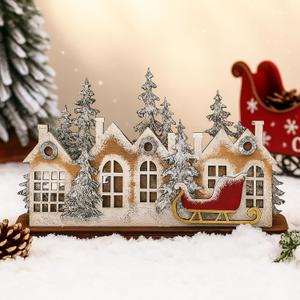 Chunful Wooden Christmas Village Decor Rustic Wood Merry Christmas Sign Snowy Winter Assembly Art Craft Set with Vintage Sleigh Pine Farmhouse Xmas Party Centerpiece for Mantle Window Table Home Decor